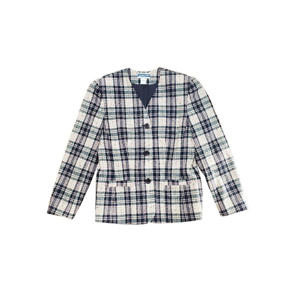 Pendleton Virgin Wool Plaid Blazer Suit Jacket Pink Navy Off-White Size 6 USA